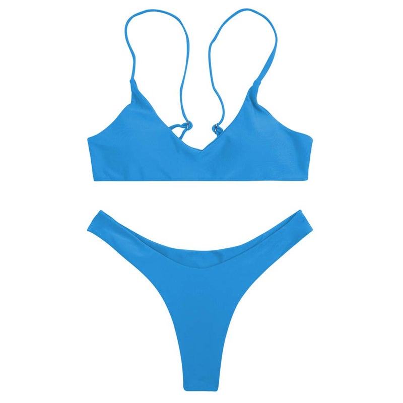 SherryDC Women's Solid Scoop Neck Push up Padded Brazilian Thong Bikini Swimsuit,Lake Blue,(US 8-10) L - Image 2